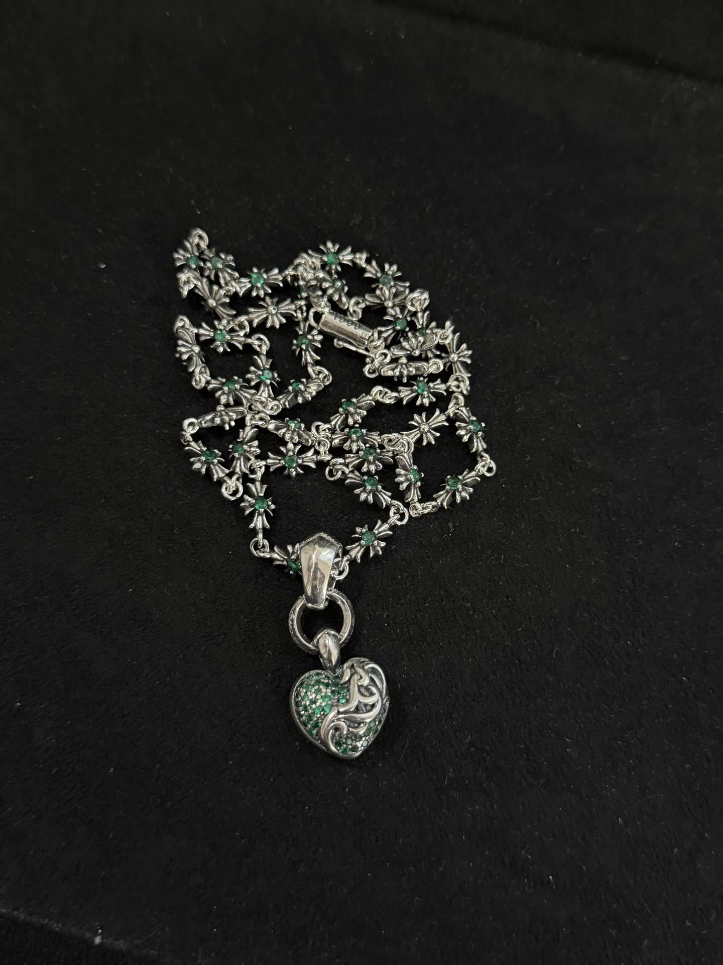 Chrome Hearts Silver Emerald Heart Pendant Necklace